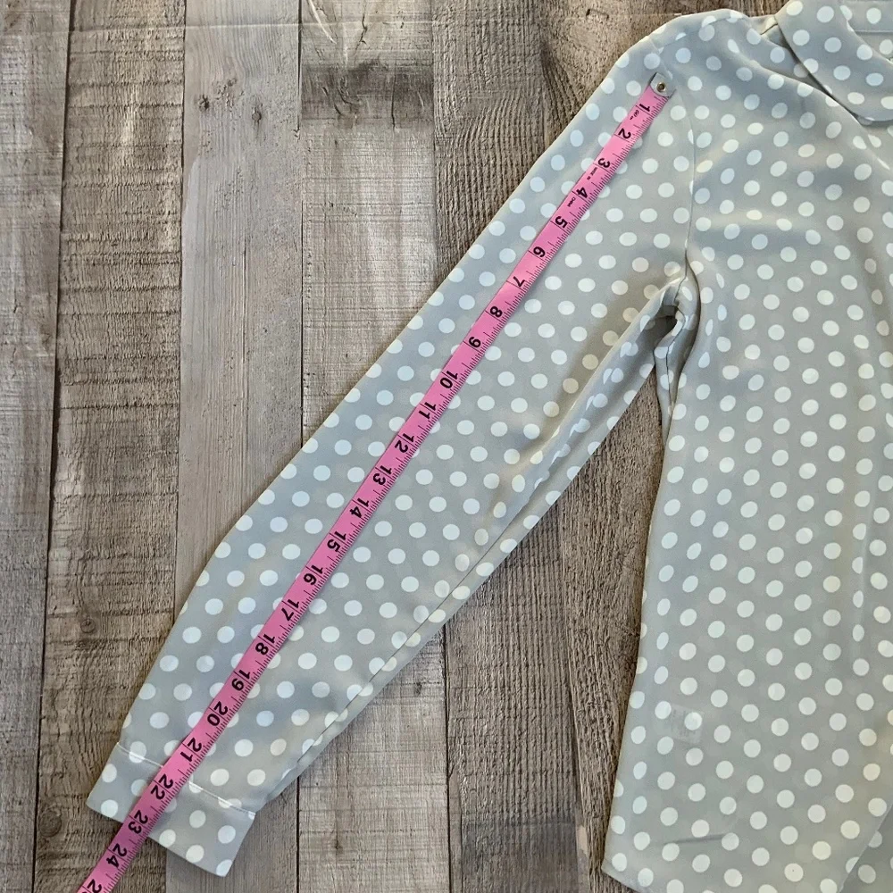 LOFT Grey White Polka Dot Silky Button Front Long Sleeve  Blouse SZ S